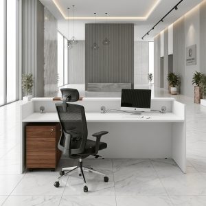 Aria Reception Desk rear view with lockable 3-drawer mobile pedestal Dubai
