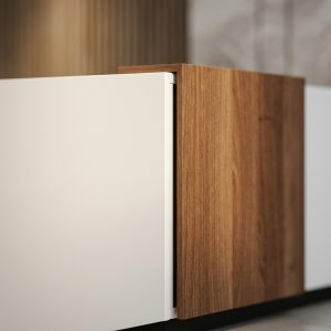 Aria Reception Table EGGER Wood Finish Detail Office Concept Furniture - Office Furniture Manufacturer & Supplier in Dubai Close up detail of EGGER German laminate board and walnut finish Aria desk