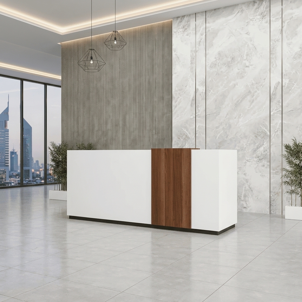 Aria Reception Table Modern Angled View Dubai 1 Office Concept Furniture - Office Furniture Manufacturer & Supplier in Dubai Aria Modern Reception Table 3/4 angled view in Dubai office lobby