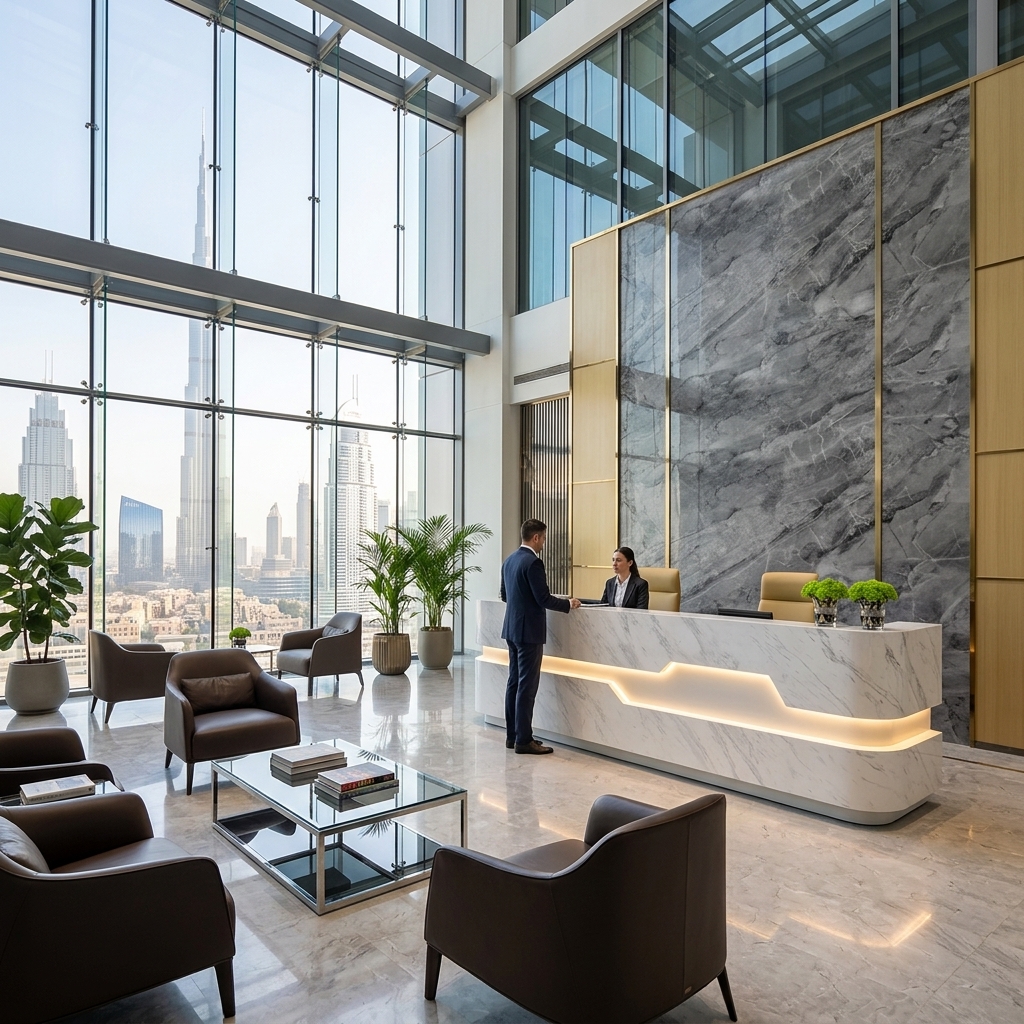 Harper Reception Table in executive corporate office atrium with visitor lounge Dubai UAE