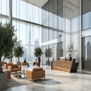 Hazel Reception Table Luxury Corporate Atrium Lifestyle Dubai Office Concept Furniture - Office Furniture Manufacturer & Supplier in Dubai Hazel Reception Table in executive corporate office atrium with visitor lounge Dubai UAE