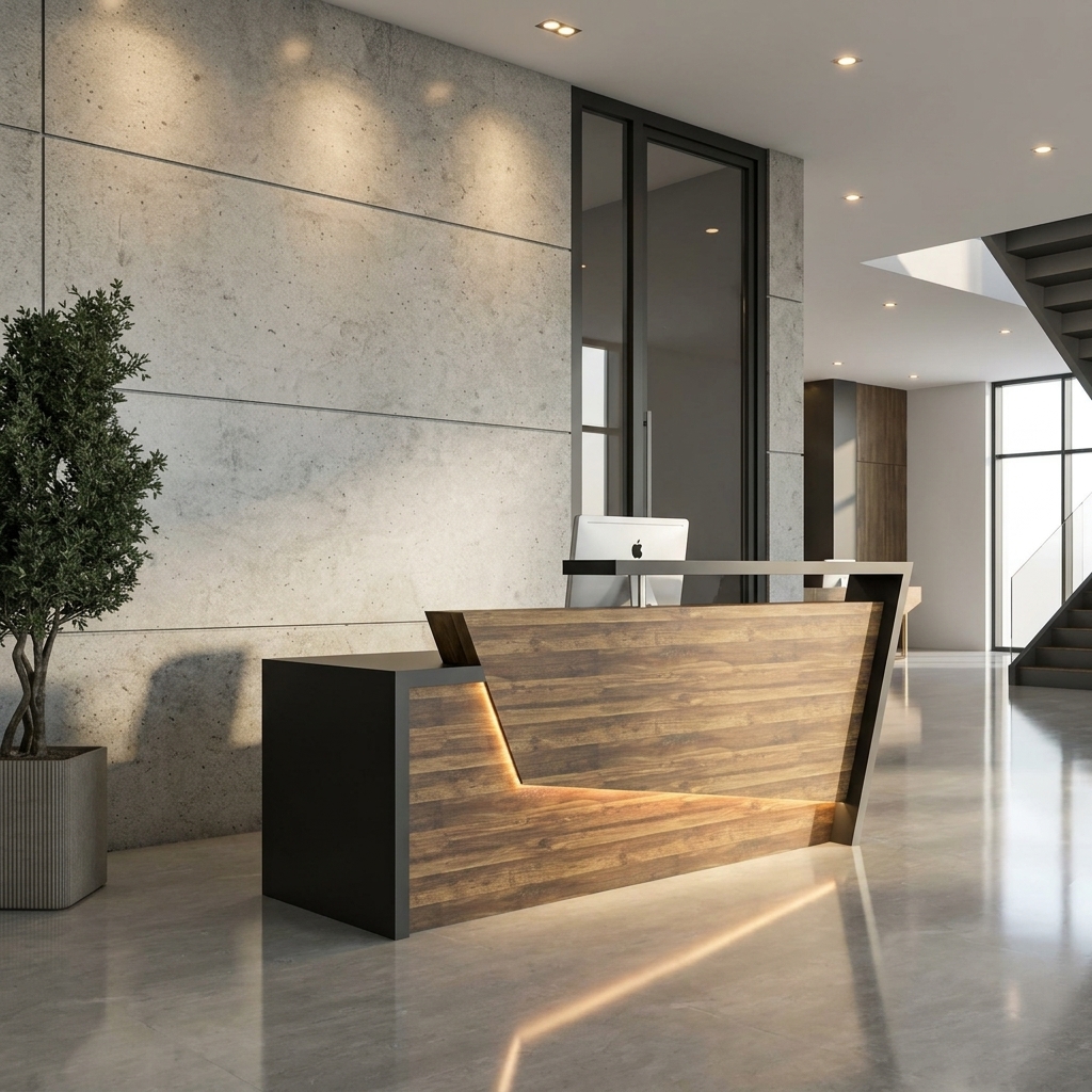 Hazel Reception Table Modern Angled View Dubai Office Concept Furniture - Office Furniture Manufacturer & Supplier in Dubai Hazel Reception Table 3/4 angled view with rustic wood, LED reveal and black frame Dubai