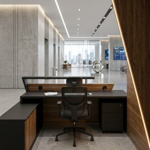 Hazel Reception Table Rear Working Storage Pedestal Dubai Office Concept Furniture - Office Furniture Manufacturer & Supplier in Dubai Hazel Reception Table rear view with lockable mobile pedestal and ergonomic office chair Dubai