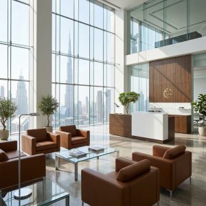 Isabella Reception Table Luxury Corporate Atrium Lifestyle Dubai Office Concept Furniture - Office Furniture Manufacturer & Supplier in Dubai Isabella Reception Table in executive corporate office atrium with visitor lounge Dubai UAE