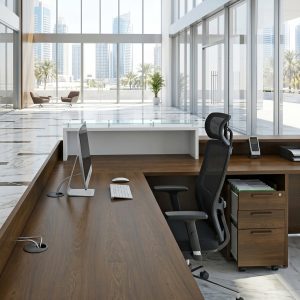 Isabella Reception Table Rear Working Storage Pedestal Dubai Office Concept Furniture - Office Furniture Manufacturer & Supplier in Dubai Isabella Reception Table rear view with lockable mobile pedestal and ergonomic office chair Dubai