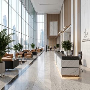 Isla Reception Table Luxury Corporate Atrium Lifestyle Dubai Office Concept Furniture - Office Furniture Manufacturer & Supplier in Dubai Isla Reception Table in executive corporate office atrium with visitor lounge Dubai UAE
