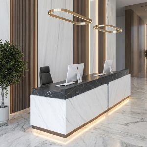 Isla Reception Table 3/4 angled view with Calacatta marble and Nero Marquina counter Dubai