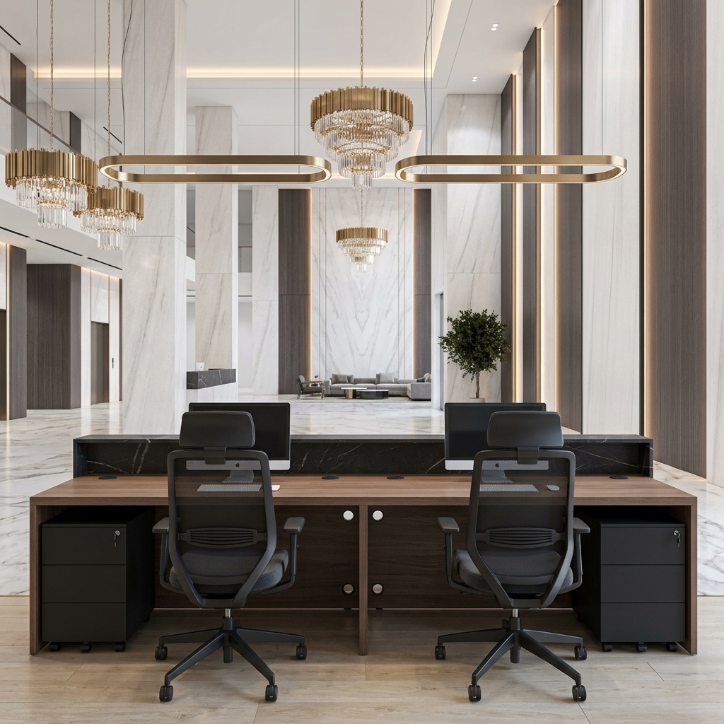 Isla Reception Table Rear Working Storage Pedestal Dubai Office Concept Furniture - Office Furniture Manufacturer & Supplier in Dubai Isla Reception Table rear view with dual lockable mobile pedestals and ergonomic office chairs Dubai