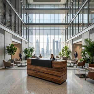 Josephine Reception Table Luxury Corporate Atrium Lifestyle Dubai Office Concept Furniture - Office Furniture Manufacturer & Supplier in Dubai Josephine Reception Table in executive corporate office atrium with visitor lounge Dubai UAE