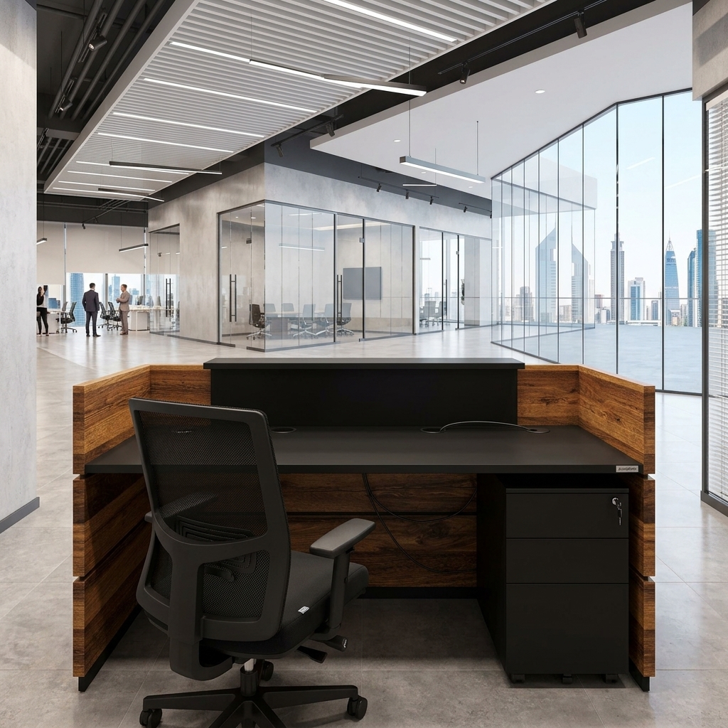 Josephine Reception Table Rear Working Storage Pedestal Dubai Office Concept Furniture - Office Furniture Manufacturer & Supplier in Dubai Josephine Reception Table rear view with lockable mobile pedestal and ergonomic office chair Dubai