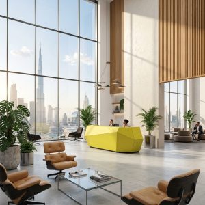 Layla Reception Table in executive corporate office atrium with visitor lounge Dubai UAE