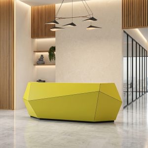 Layla Reception Table 3/4 angled view with canary yellow origami faceted design Dubai