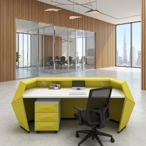 Layla Reception Table rear view with faceted mobile pedestal and ergonomic office chair Dubai