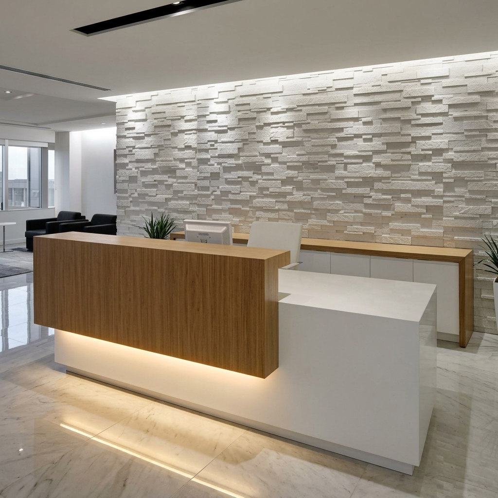 Lily Reception Table Executive Front View Dubai Office Concept Furniture - Office Furniture Manufacturer & Supplier in Dubai Lily Reception Table direct eye-level front view commercial reception desk Dubai