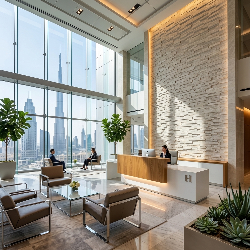 Lily Reception Table Luxury Corporate Atrium Lifestyle Dubai Office Concept Furniture - Office Furniture Manufacturer & Supplier in Dubai Lily Reception Table in executive corporate office atrium with visitor lounge Dubai UAE