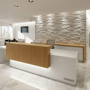 Lily Reception Table 3/4 angled view with white frame, cantilevered wood counter and LED lighting Dubai