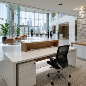 Lily Reception Table Rear Working Storage Pedestal Dubai Office Concept Furniture - Office Furniture Manufacturer & Supplier in Dubai Lily Reception Table rear view with lockable mobile pedestal and ergonomic office chair Dubai