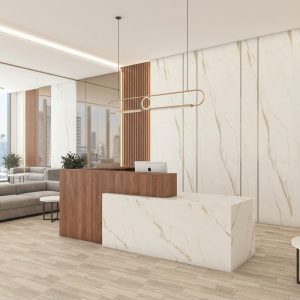 Madeline Reception Table 3/4 angled view with walnut finish and Calacatta marble counter Dubai