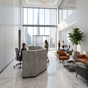 Maya Reception Table in executive corporate office atrium with visitor lounge Dubai UAE