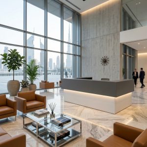 Mia Reception Table Luxury Corporate Atrium Lifestyle Dubai Office Concept Furniture - Office Furniture Manufacturer & Supplier in Dubai Mia Reception Table in executive corporate office atrium with visitor lounge Dubai UAE