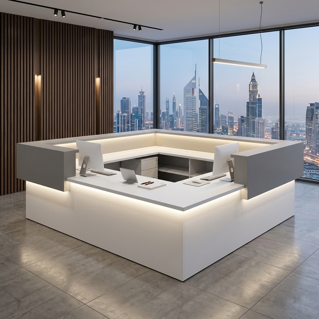 Mia Reception Table Modern Angled View Dubai Office Concept Furniture - Office Furniture Manufacturer & Supplier in Dubai Mia Reception Table 3/4 angled view with white frame and floating grey counter Dubai
