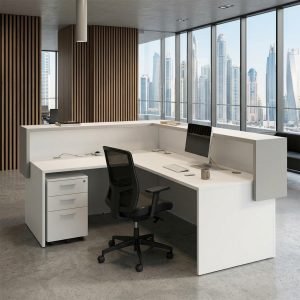 Mia Reception Table Rear Working Storage Pedestal Dubai Office Concept Furniture - Office Furniture Manufacturer & Supplier in Dubai Mia Reception Table rear view with lockable mobile pedestal and ergonomic office chair Dubai