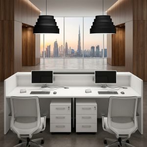 Mila Reception Table rear view with lockable mobile pedestal and ergonomic office chair Dubai