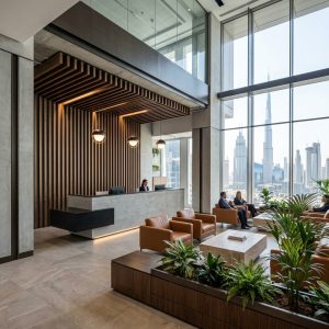 Nora Reception Table in executive corporate office atrium with visitor lounge Dubai UAE
