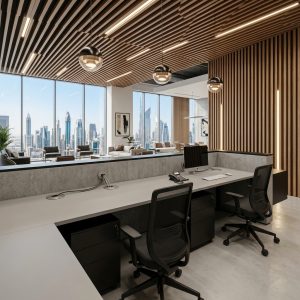 Nora Reception Table rear view with lockable mobile pedestal and ergonomic office chair Dubai