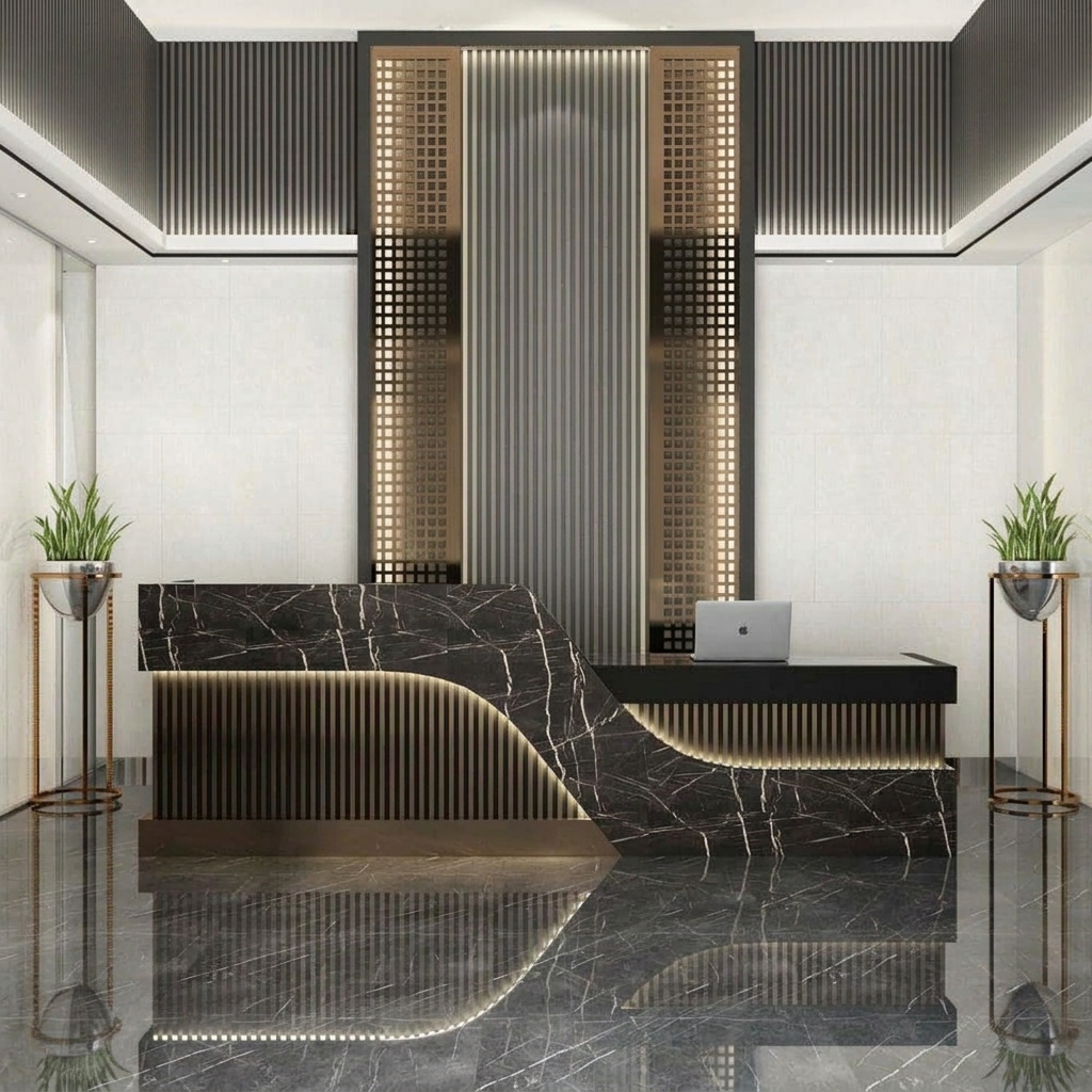 Nova Reception Table Executive Front View Dubai Office Concept Furniture - Office Furniture Manufacturer & Supplier in Dubai Nova Reception Table direct eye-level front view commercial luxury reception desk Dubai
