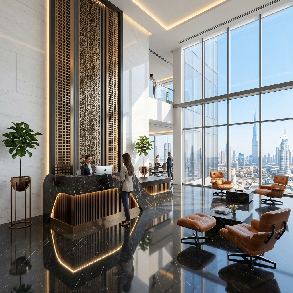 Nova Reception Table Luxury Corporate Atrium Lifestyle Dubai Office Concept Furniture - Office Furniture Manufacturer & Supplier in Dubai Nova Reception Table in executive corporate office atrium with visitor lounge Dubai UAE