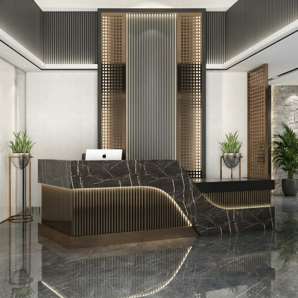 Nova Reception Table Modern Angled View Dubai Office Concept Furniture - Office Furniture Manufacturer & Supplier in Dubai Nova Reception Table 3/4 angled view with curved black marble and bronze fluting Dubai