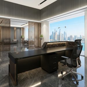 Nova Reception Table Rear Working Storage Pedestal Dubai Office Concept Furniture - Office Furniture Manufacturer & Supplier in Dubai Nova Reception Table rear view with lockable mobile pedestal and ergonomic office chair Dubai