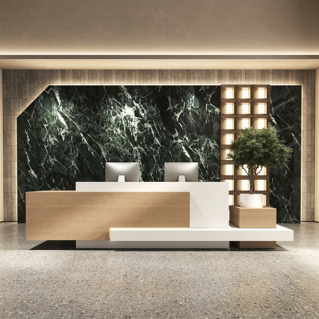 Olivia Reception Table Executive Front View Dubai Office Concept Furniture - Office Furniture Manufacturer & Supplier in Dubai Olivia Reception Table direct eye-level front view commercial reception desk Dubai