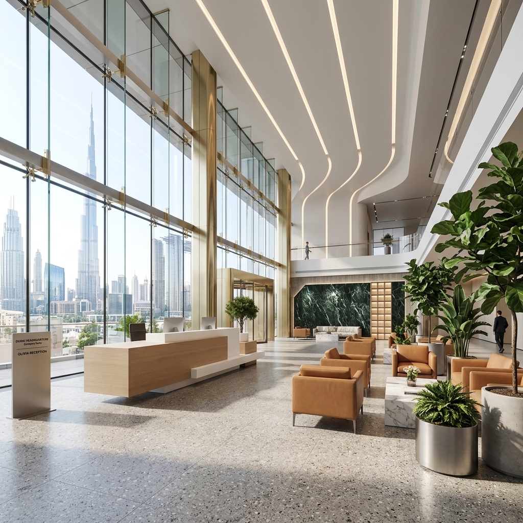 Olivia Reception Table Luxury Corporate Atrium Lifestyle Dubai Office Concept Furniture - Office Furniture Manufacturer & Supplier in Dubai Olivia Reception Table in executive corporate office atrium with visitor lounge Dubai UAE