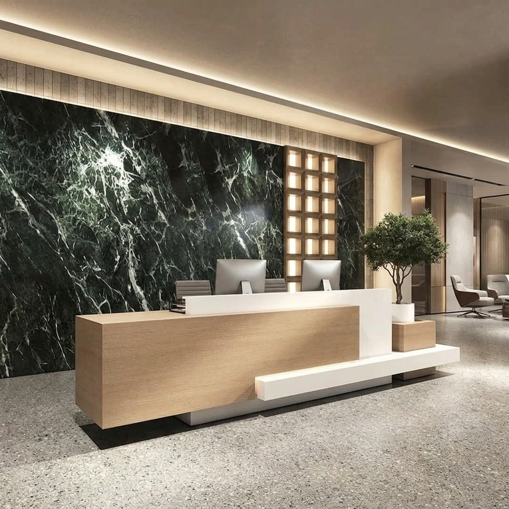 Olivia Reception Table Modern Angled View Dubai Office Concept Furniture - Office Furniture Manufacturer & Supplier in Dubai Olivia Reception Table 3/4 angled view with tiered oak and white design Dubai