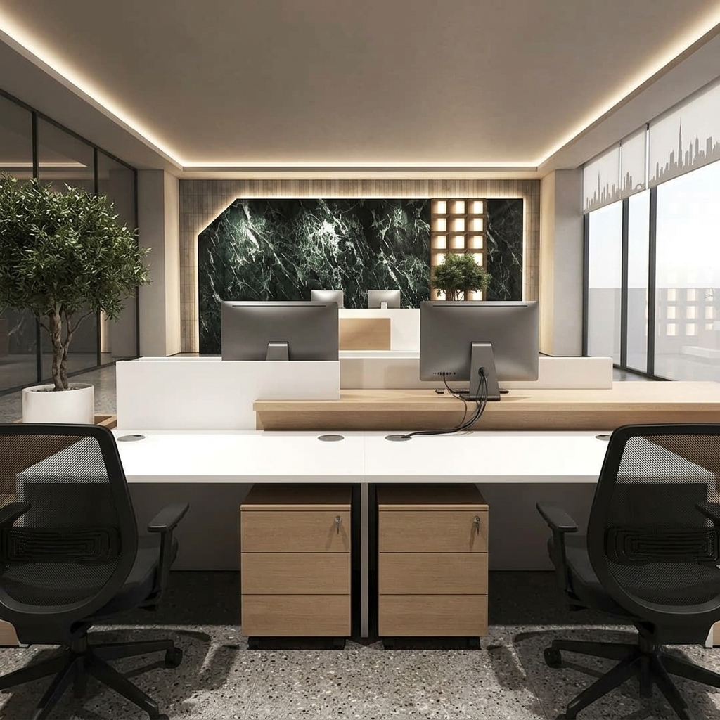 Olivia Reception Table Rear Working Storage Pedestal Dubai Office Concept Furniture - Office Furniture Manufacturer & Supplier in Dubai Olivia Reception Table rear view with lockable mobile pedestal and ergonomic office chair Dubai