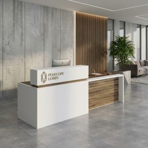 Penelope Reception Table 3/4 angled view with white block and walnut slats Dubai