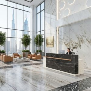 Peyton Reception Table in executive corporate office atrium with visitor lounge Dubai UAE
