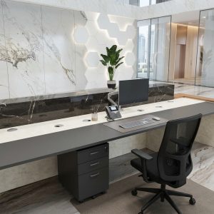 Peyton Reception Table rear view with lockable mobile pedestal and ergonomic office chair Dubai