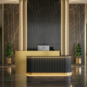 Quinn Reception Table Executive Front View Dubai 1 Office Concept Furniture - Office Furniture Manufacturer & Supplier in Dubai Quinn Reception Table direct eye-level front view commercial luxury reception desk Dubai