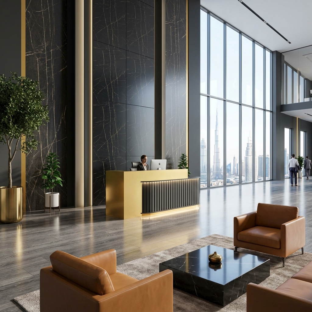 Quinn Reception Table Luxury Corporate Atrium Lifestyle Dubai Office Concept Furniture - Office Furniture Manufacturer & Supplier in Dubai Quinn Reception Table in executive corporate office atrium with visitor lounge Dubai UAE