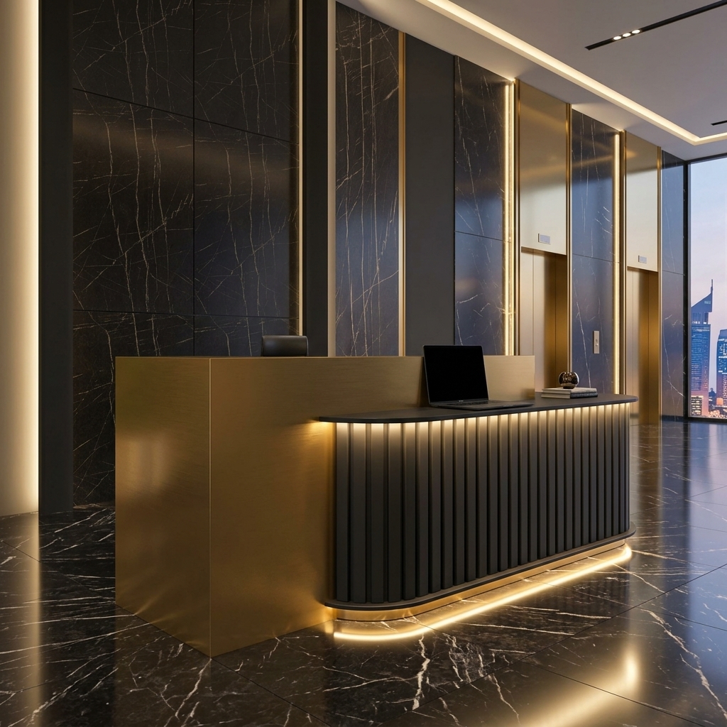 Quinn Reception Table Modern Angled View Dubai Office Concept Furniture - Office Furniture Manufacturer & Supplier in Dubai Quinn Reception Table 3/4 angled view with gold and fluted black design Dubai