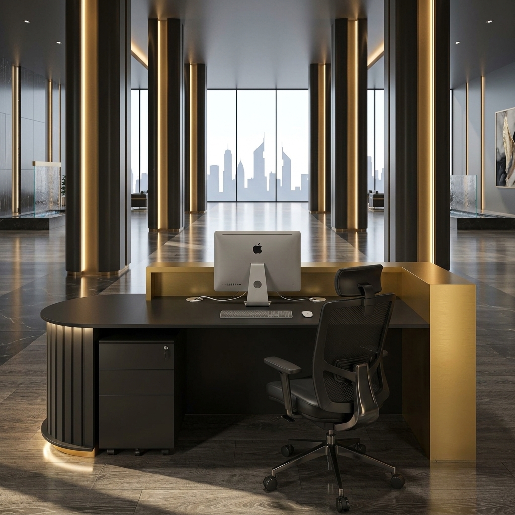 Quinn Reception Table Rear Working Storage Pedestal Dubai Office Concept Furniture - Office Furniture Manufacturer & Supplier in Dubai Quinn Reception Table rear view with lockable mobile pedestal and ergonomic office chair Dubai