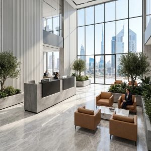Riley Reception Table in executive corporate office atrium with visitor lounge Dubai UAE
