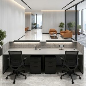 Riley Reception Table rear view with lockable mobile pedestals and ergonomic office chairs Dubai