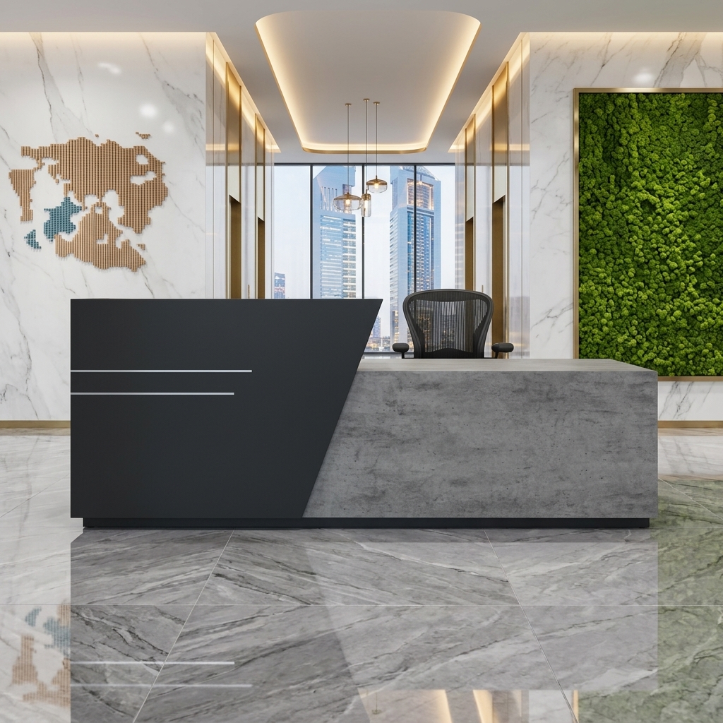 Ruby Reception Table Executive Front View Dubai Office Concept Furniture - Office Furniture Manufacturer & Supplier in Dubai Ruby Reception Table direct eye-level front view commercial reception desk Dubai