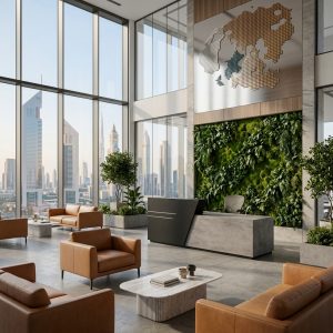 Ruby Reception Table Luxury Corporate Atrium Lifestyle Dubai Office Concept Furniture - Office Furniture Manufacturer & Supplier in Dubai Ruby Reception Table in executive corporate office atrium with visitor lounge Dubai UAE