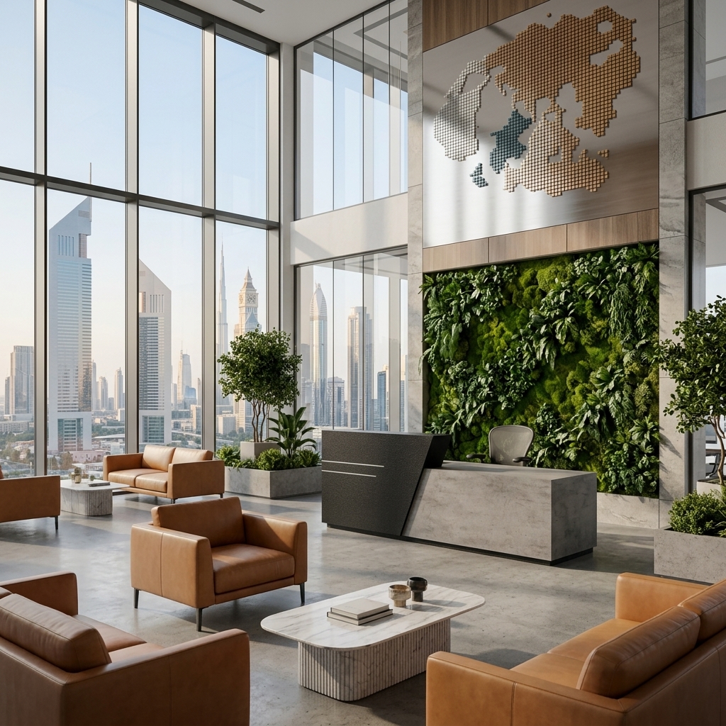 Ruby Reception Table Luxury Corporate Atrium Lifestyle Dubai Office Concept Furniture - Office Furniture Manufacturer & Supplier in Dubai Ruby Reception Table in executive corporate office atrium with visitor lounge Dubai UAE