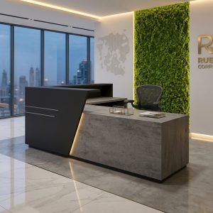 Ruby Reception Table 3/4 angled view in modern Dubai office lobby